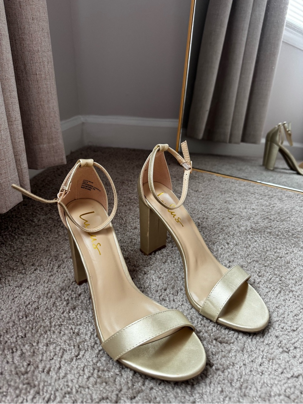 Lulu's Metallic Gold Block Heel Ankle Strap Sandals